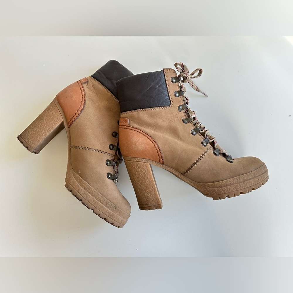 See by Chloe Eileen Tan Lace Up Block Heel Logger Style Boots Size 39 - Picture 7 of 11